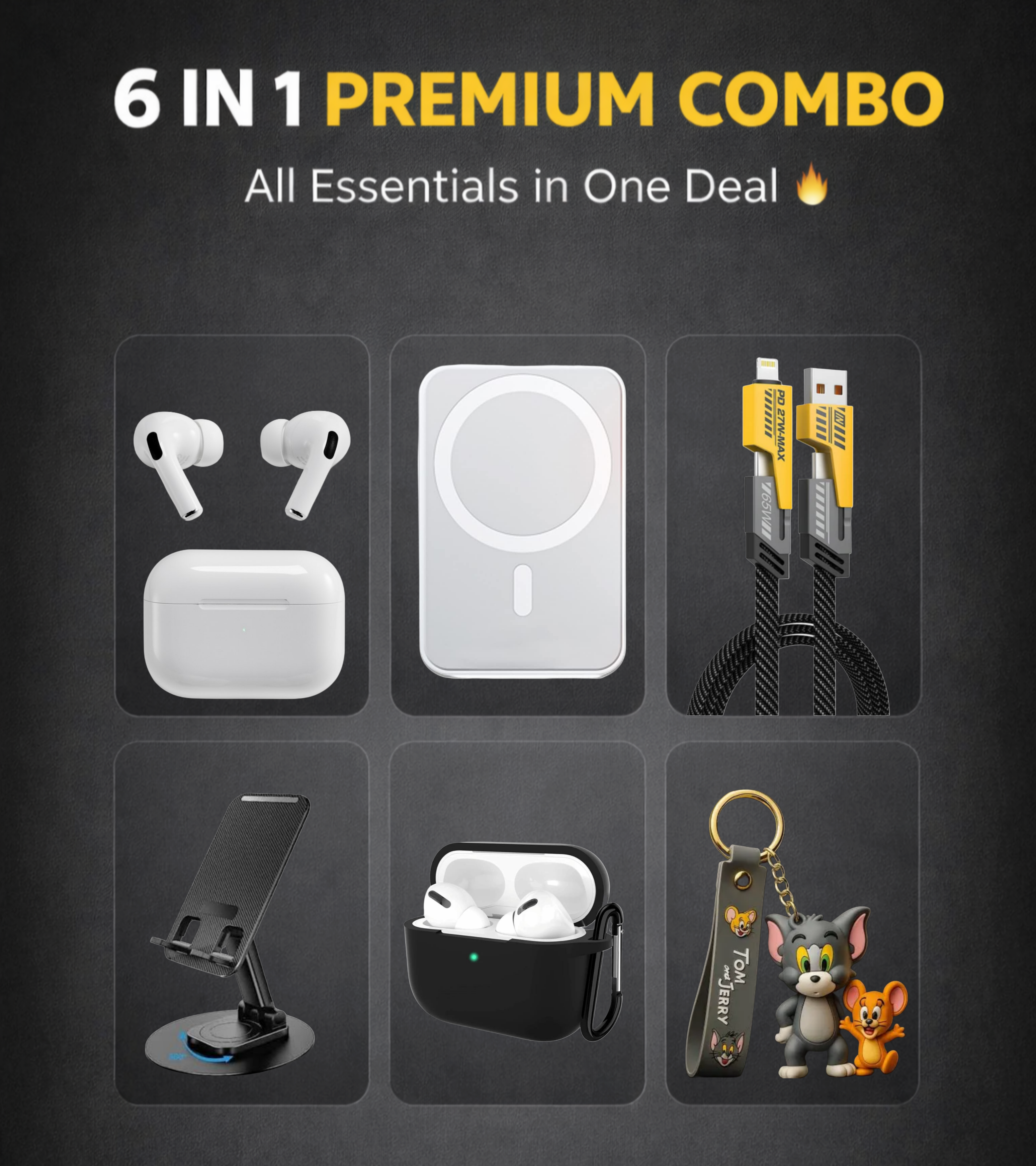 5 in1 Premium Combo | AirPods Pro + MagSafe Powerbank + 65W 4in1 Cable + Mobile Stand + Silicone Case + Free Keychain