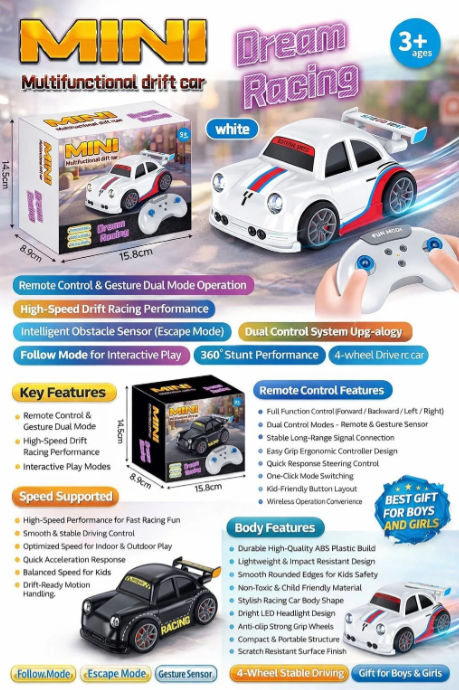 Craveon Mini Drift Car with Remote Control 2.4G, Follow & Escape Modes Kids Gift (Multicolor)