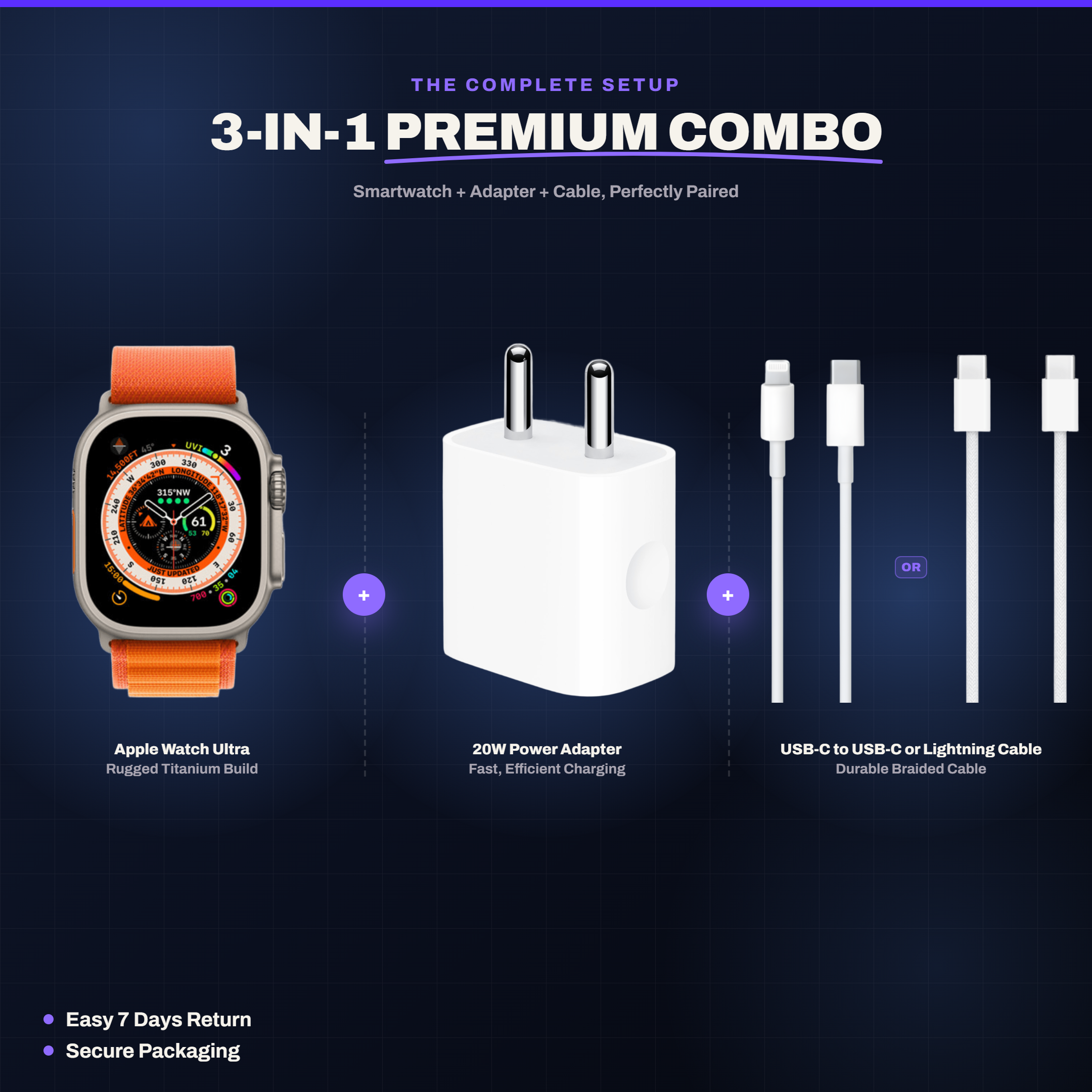 BharatTach 3-in-1 Combo (Smartwatch + Adaptor + Cable)
