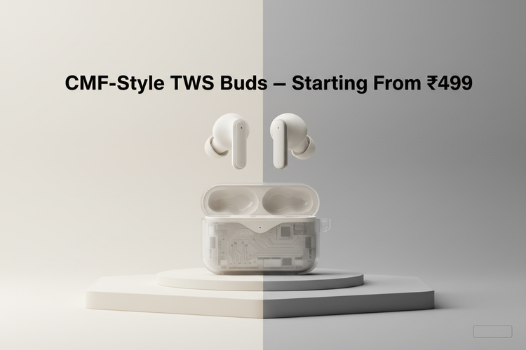 Create a wide Shopify hero banner inspired by the Nothing CMF brand aesthetic. Feature modern TWS earbuds with a minimalist design and a matte or semi-transparent charging case. Use a clean background with soft gradients and subtle shadows. Display bold headline text: “CMF-Style TWS Buds — Starting From ₹499”. The look should be premium, minimal, and futuristic with plenty of white space and room for a call-to-action button. High-resolution, professional e-commerce hero banner.