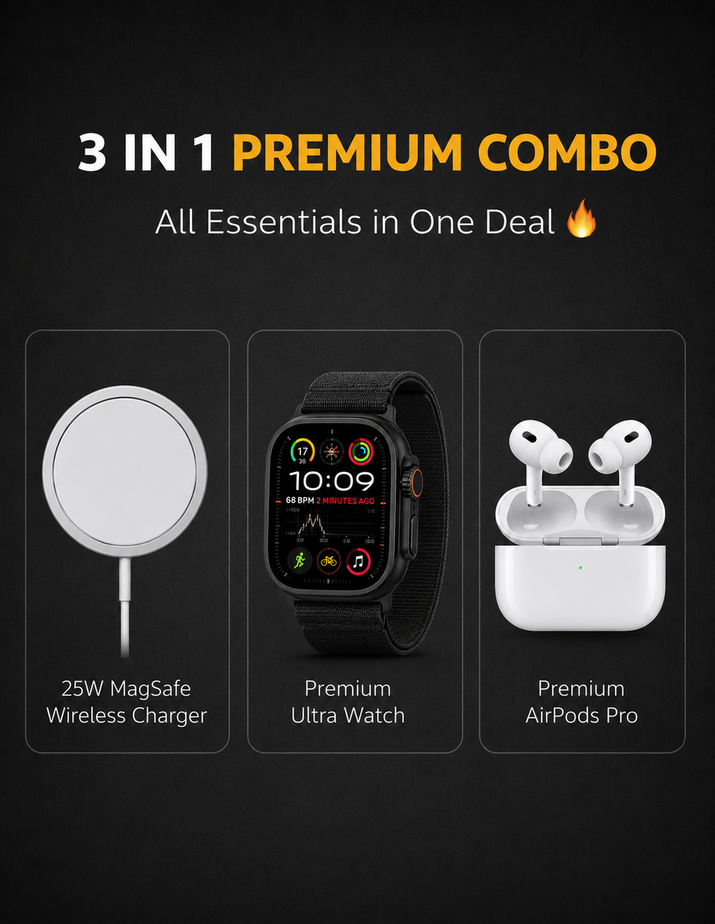 3-in-1 Premium Tech Combo – Wireless Charger + Ultra Watch + AirPods Pro 2