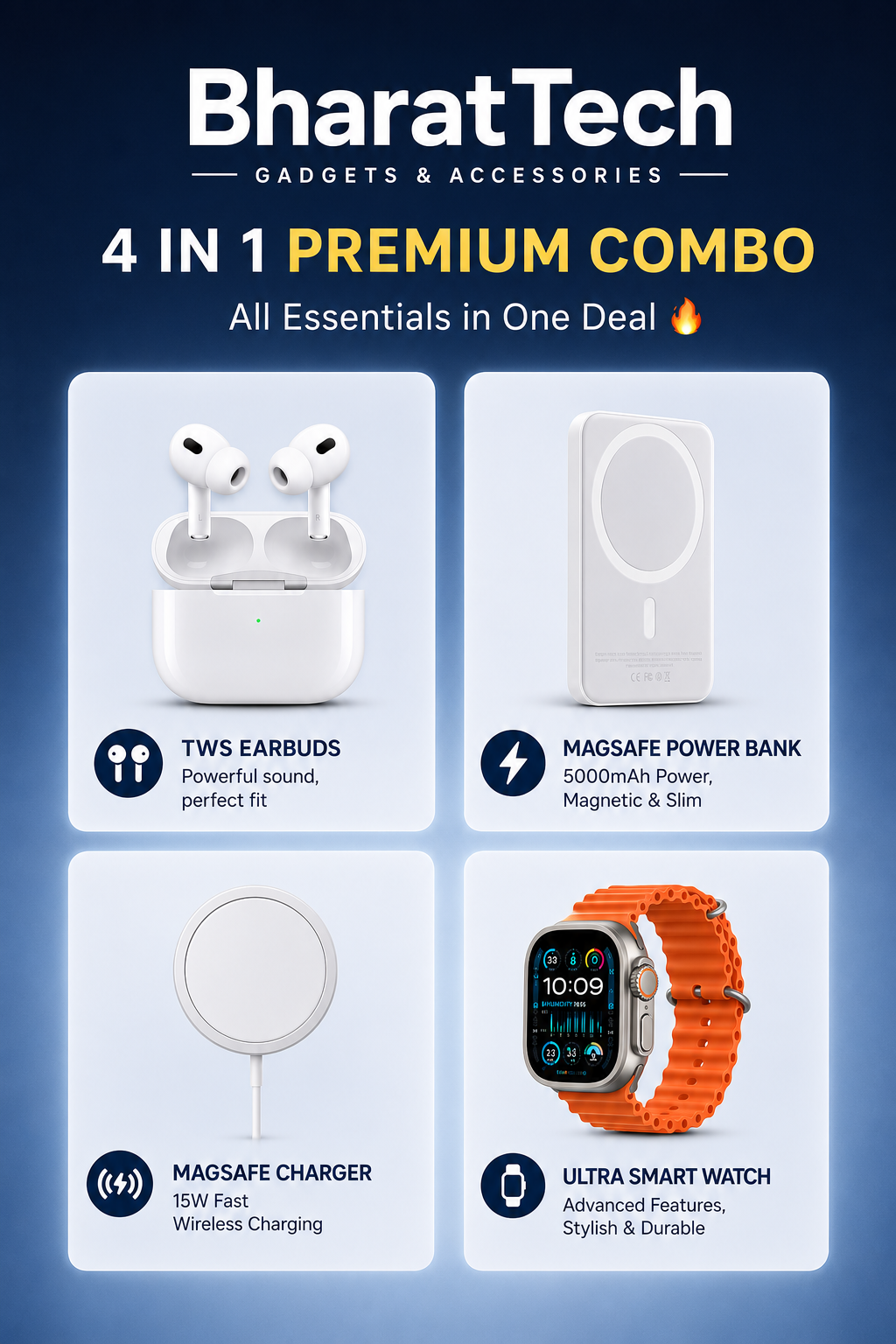 4 -in-1 Combo | AirPods Pro 2 + 20W MagSafe Powerbank + 25W MagSafe Charger (1M) + Ultra Watch