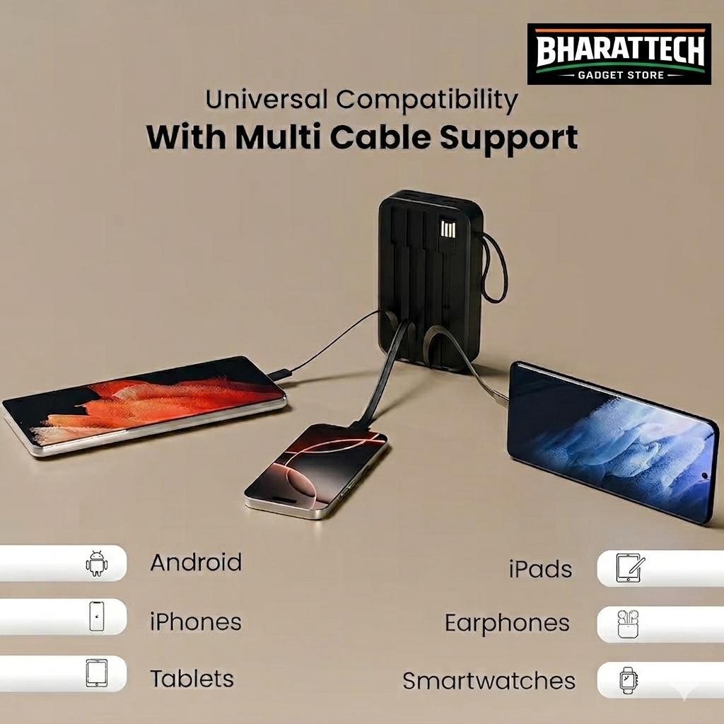 6 in 1 Premium Mobile Accessories Combo – Powerbank, Earbuds, Fast Cable, Stand, Selfie Stick & Cable Protector