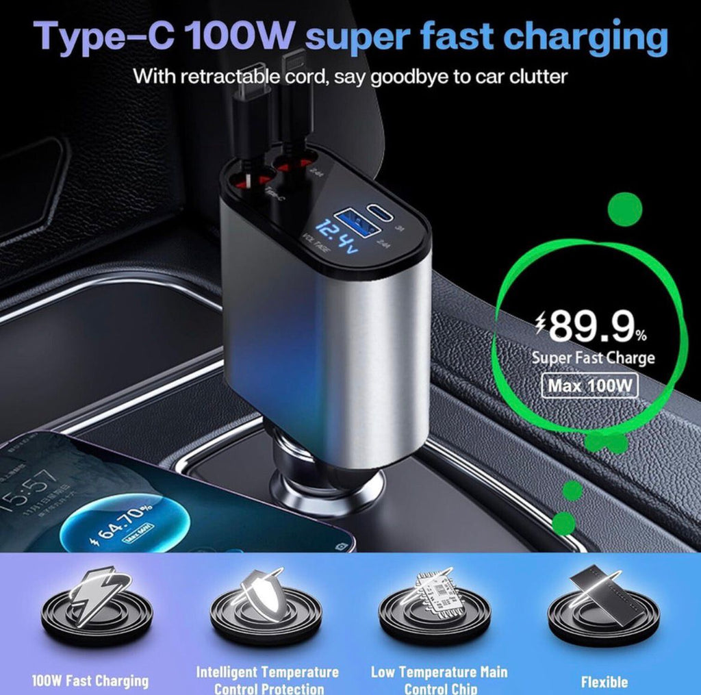 Bharat tech || 120W 4 in 1 Retractable Car Charger,Car Phone Charger, Retractable Cables & 2 USB Ports Car Adapter for Android Phones & iPhone