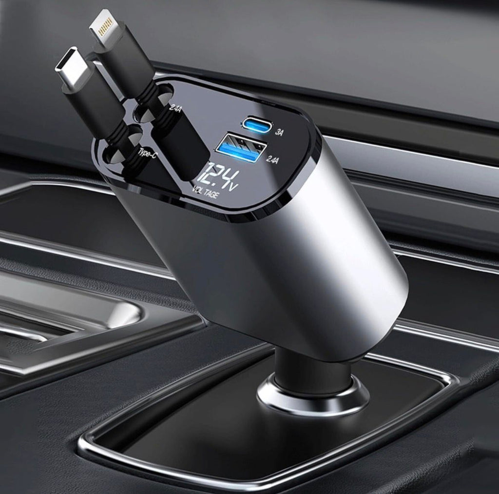 Bharat tech || 120W 4 in 1 Retractable Car Charger,Car Phone Charger, Retractable Cables & 2 USB Ports Car Adapter for Android Phones & iPhone