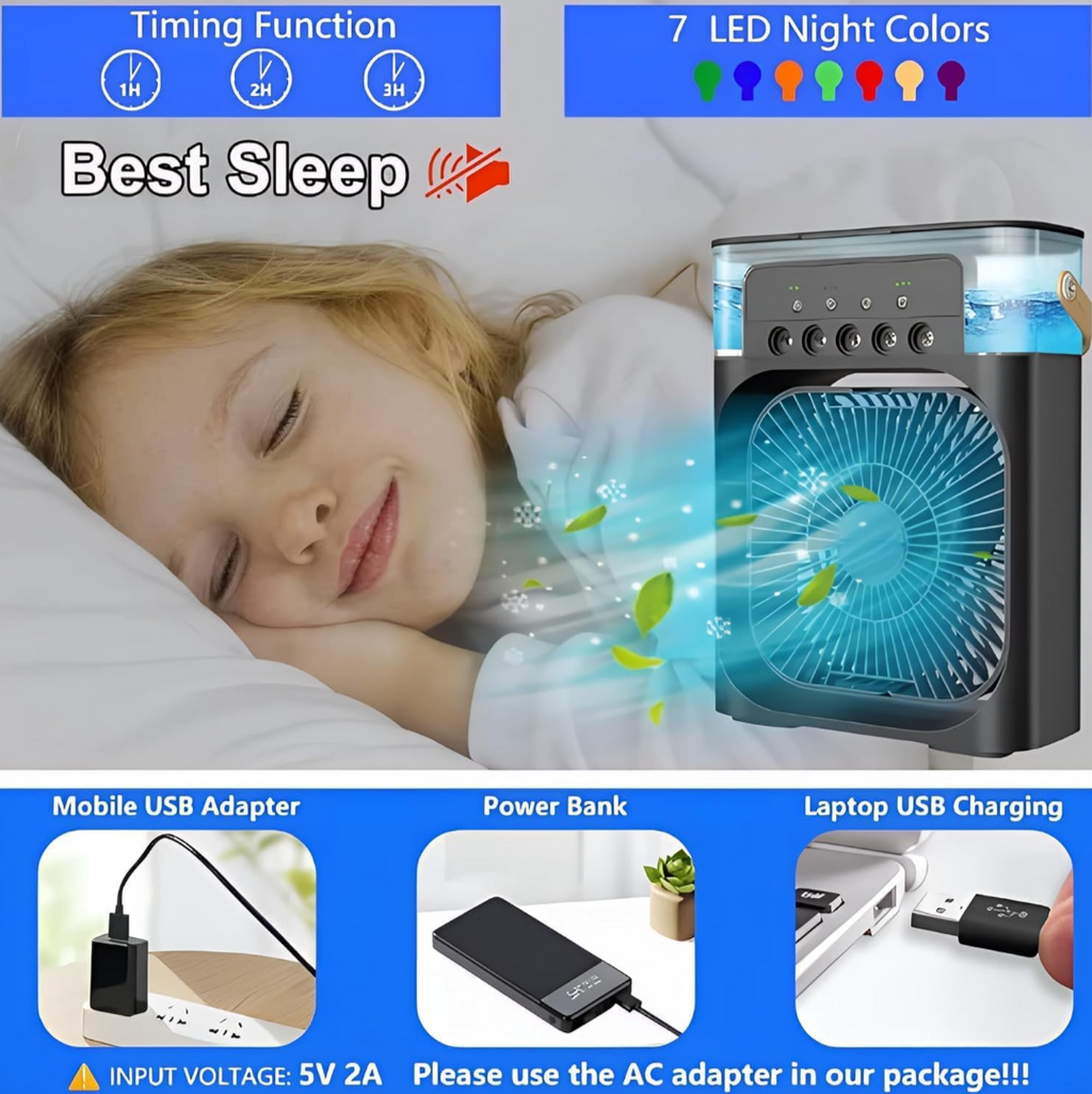 Personal Air Cooler, Portable Air Conditioner Fan, Mini Evaporative Cooler with 7 Colors LED Light, 1/2/3 Timer, 3