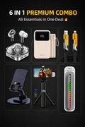 6 in 1 Premium Mobile Accessories Combo – Powerbank, Earbuds, Fast Cable, Stand, Selfie Stick & Cable Protector