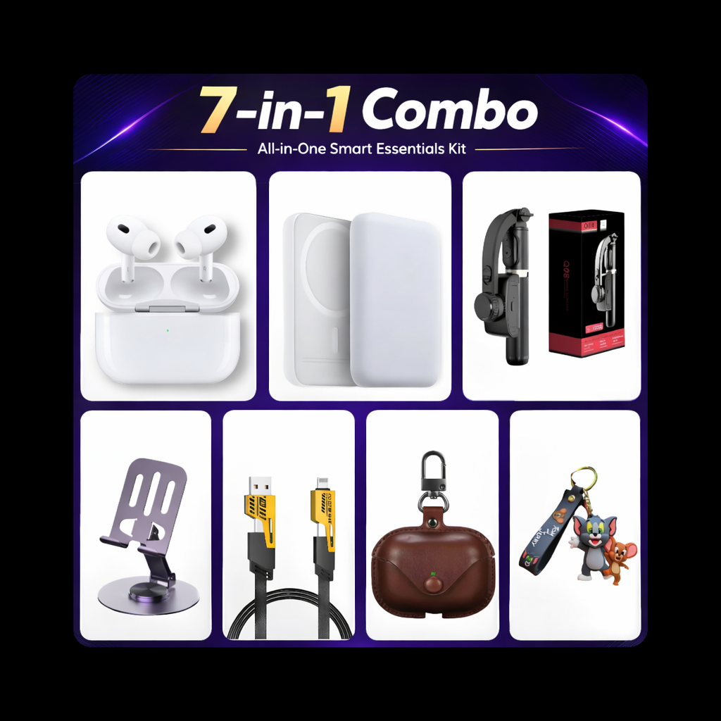 7-in-1 Combo – AirPods Pro 2 + MagSafe Powerbank + Tripod Selfie Stick + Metal Stand + 65W 4-in-1 Cable + Silicone Case + Keychain